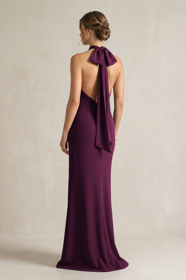 Halter Sheath Satin Bridesmaid Dress With Bow in Sangria - KISS BRIDAL Bridesmaid Dresses