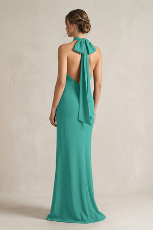 Halter Sheath Satin Bridesmaid Dress With Bow in Sea Glass - KISS BRIDAL Bridesmaid Dresses