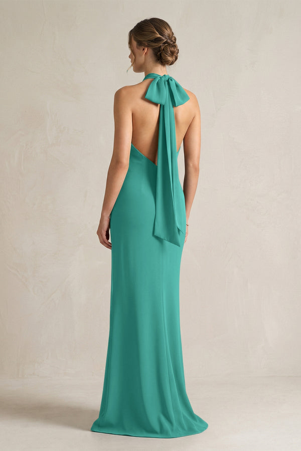 Halter Sheath Satin Bridesmaid Dress With Bow in Sea Glass - KISS BRIDAL Bridesmaid Dresses