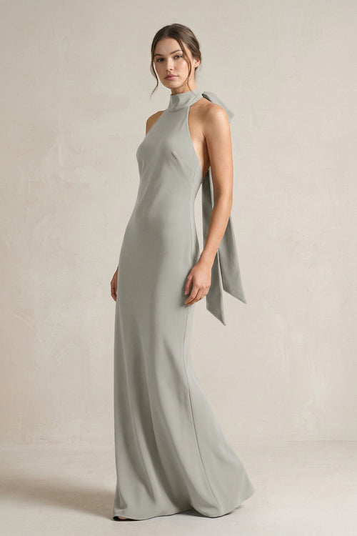 Halter Sheath Satin Bridesmaid Dress With Bow in Silver - KISS BRIDAL Bridesmaid Dresses