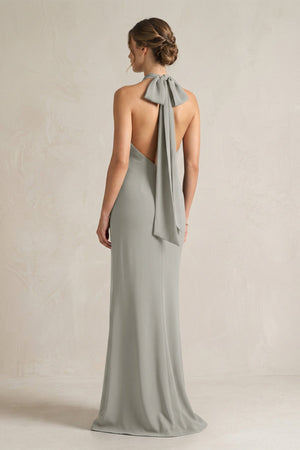 Halter Sheath Satin Bridesmaid Dress With Bow in Silver - KISS BRIDAL Bridesmaid Dresses
