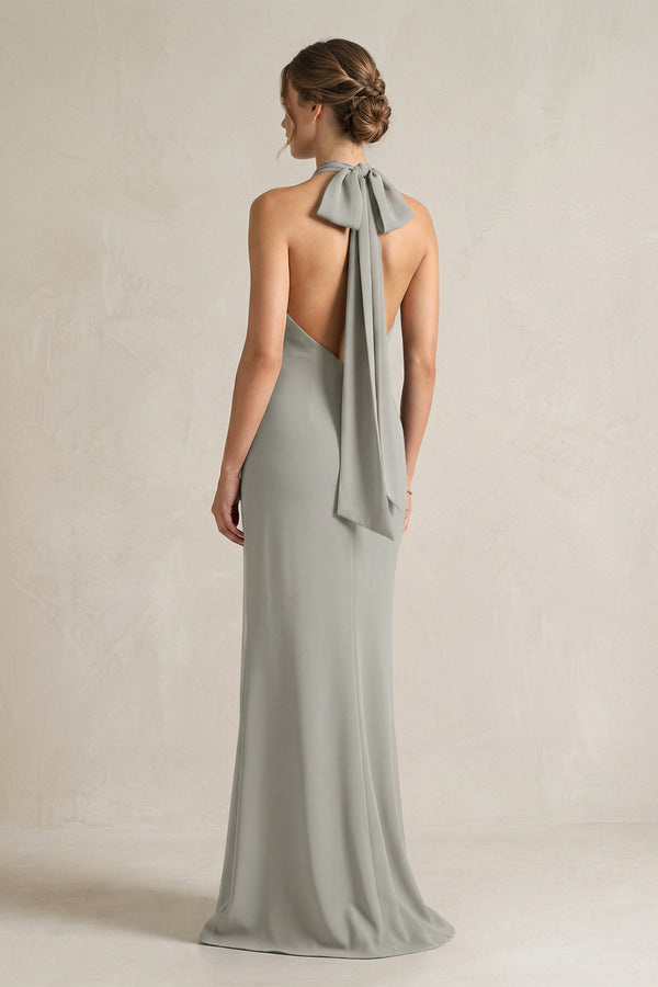Halter Sheath Satin Bridesmaid Dress With Bow in Silver - KISS BRIDAL Bridesmaid Dresses