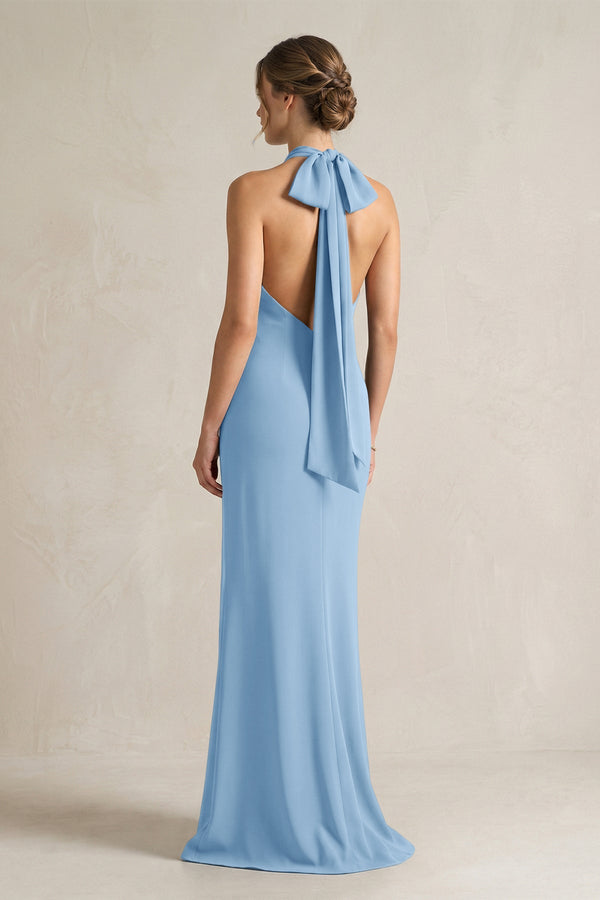 Halter Sheath Satin Bridesmaid Dress With Bow in Sky Blue - KISS BRIDAL Bridesmaid Dresses