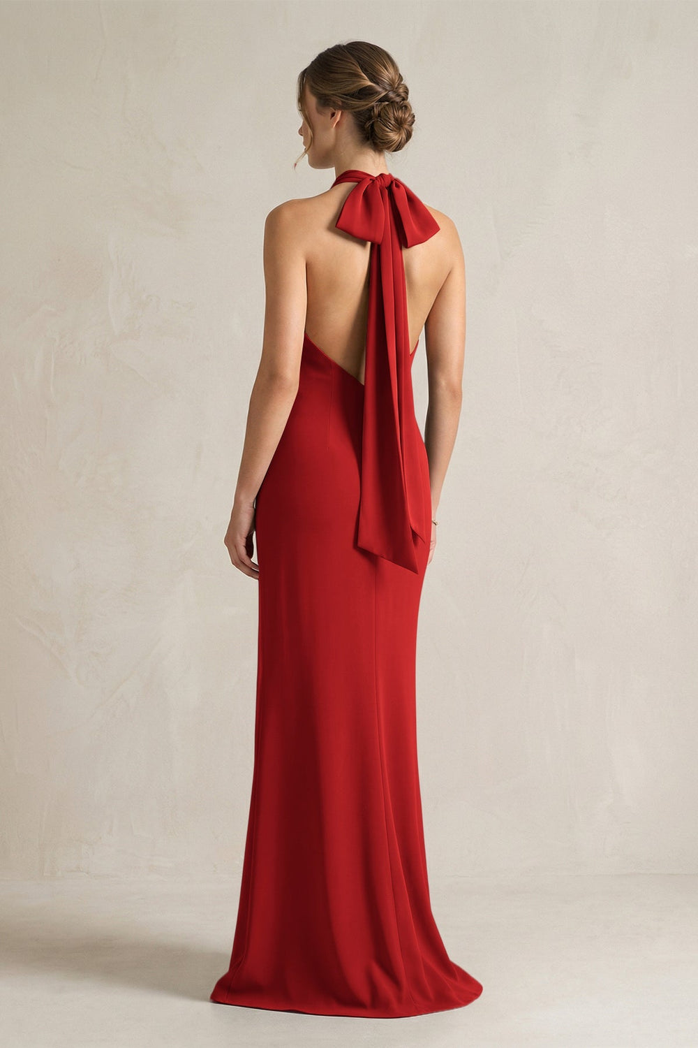 Halter Sheath Satin Bridesmaid Dress With Bow in Spice - KISS BRIDAL Bridesmaid Dresses