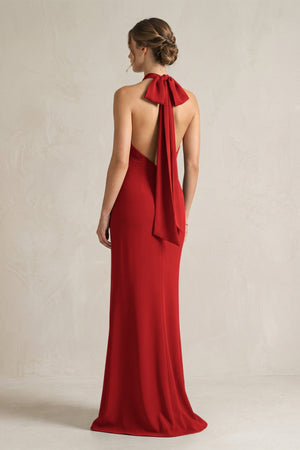 Halter Sheath Satin Bridesmaid Dress With Bow in Spice - KISS BRIDAL Bridesmaid Dresses