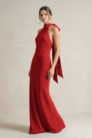 Halter Sheath Satin Bridesmaid Dress With Bow in Spice - KISS BRIDAL Bridesmaid Dresses