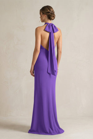 Halter Sheath Satin Bridesmaid Dress With Bow in Tahiti - KISS BRIDAL Bridesmaid Dresses