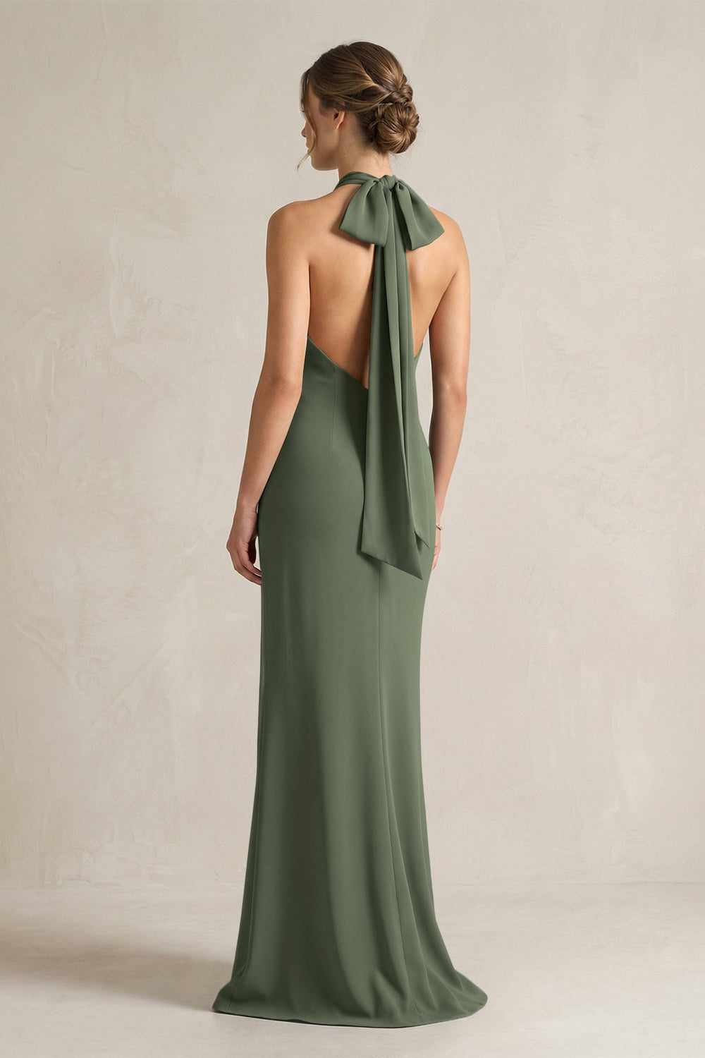 Halter Sheath Satin Bridesmaid Dress With Bow in Thyme - KISS BRIDAL Bridesmaid Dresses