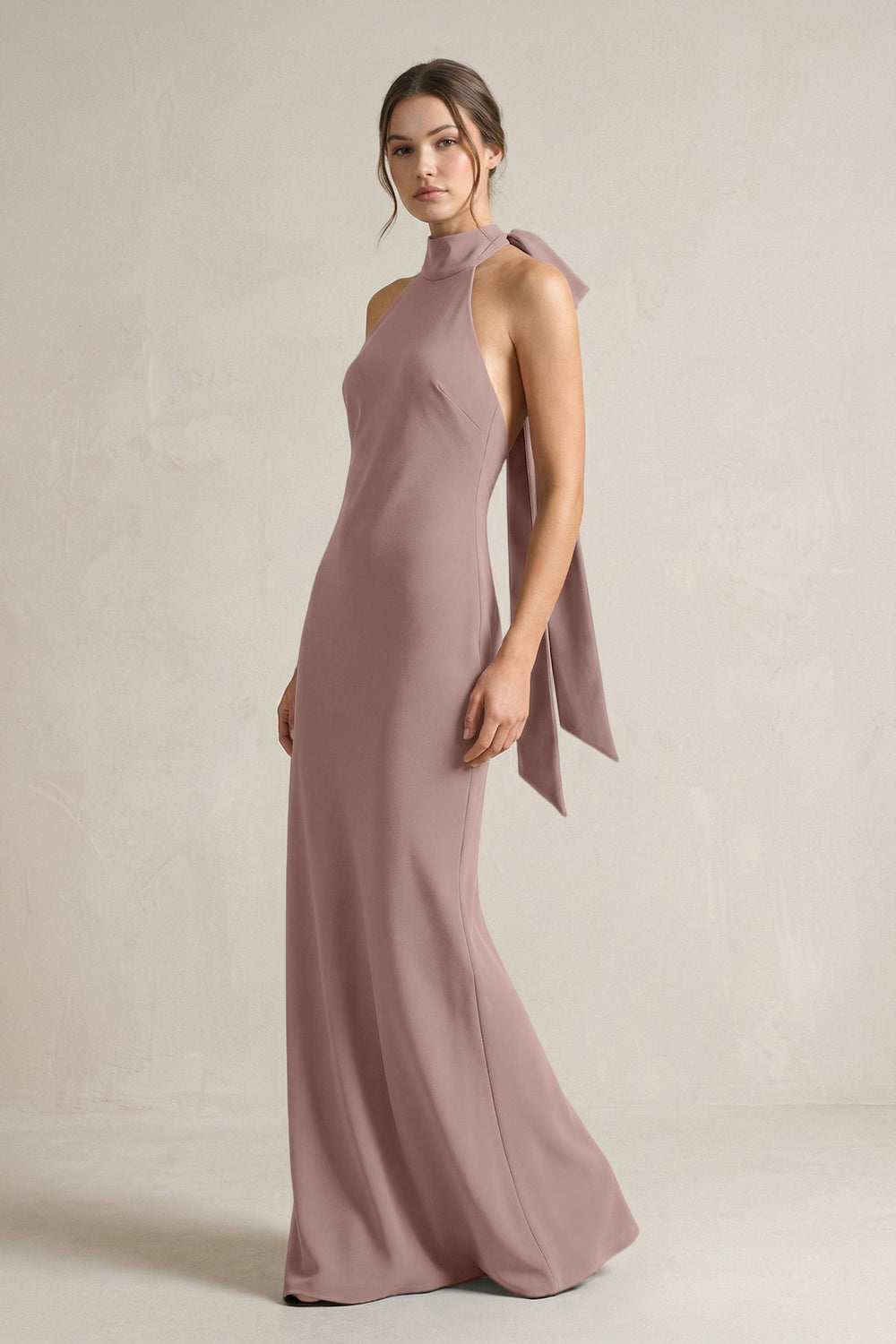 Halter Sheath Satin Bridesmaid Dress With Bow in Toffee - KISS BRIDAL Bridesmaid Dresses