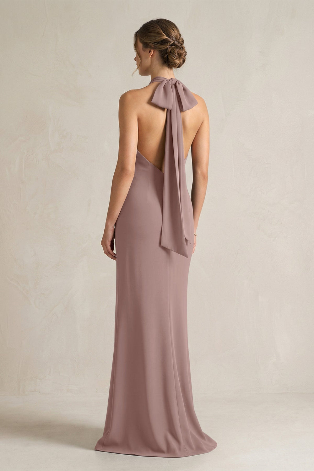 Halter Sheath Satin Bridesmaid Dress With Bow in Toffee - KISS BRIDAL Bridesmaid Dresses