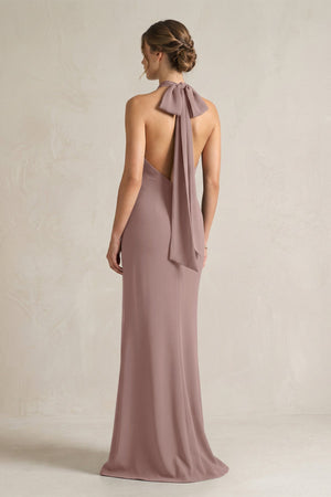 Halter Sheath Satin Bridesmaid Dress With Bow in Toffee - KISS BRIDAL Bridesmaid Dresses