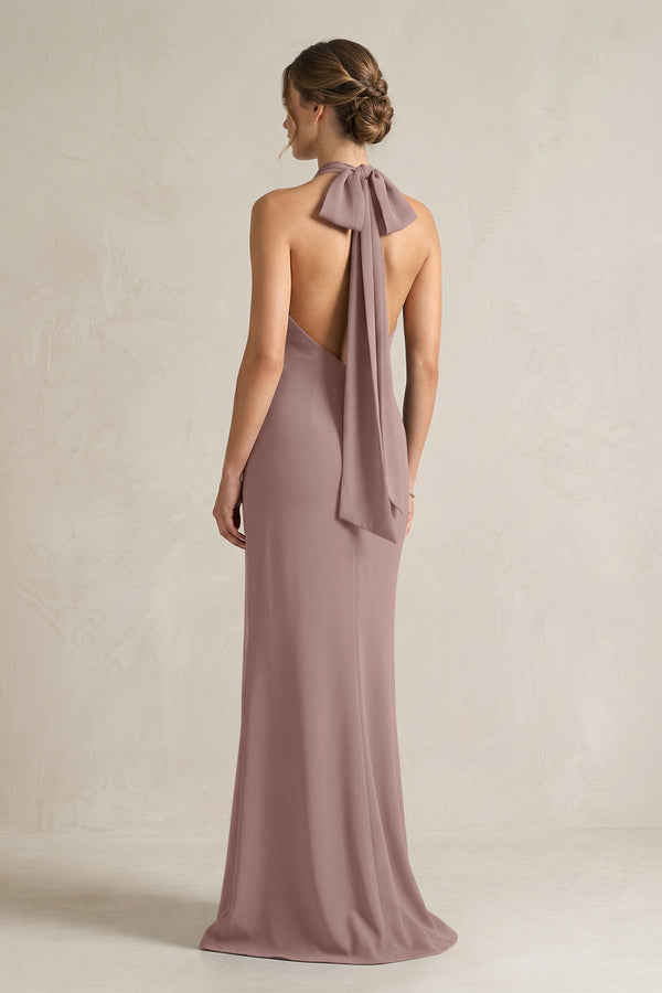 Halter Sheath Satin Bridesmaid Dress With Bow in Toffee - KISS BRIDAL Bridesmaid Dresses