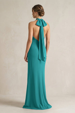 Halter Sheath Satin Bridesmaid Dress With Bow in Turquoise - KISS BRIDAL Bridesmaid Dresses