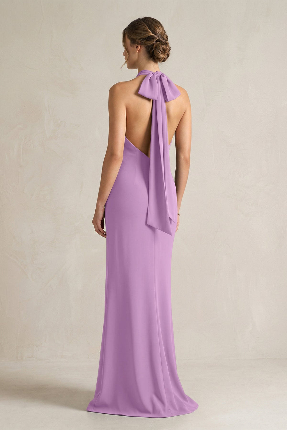 Halter Sheath Satin Bridesmaid Dress With Bow in Vintage Mauve - KISS BRIDAL Bridesmaid Dresses