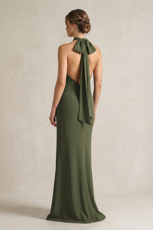 Halter Sheath Satin Bridesmaid Dress With Bow in Willow Green - KISS BRIDAL Bridesmaid Dresses