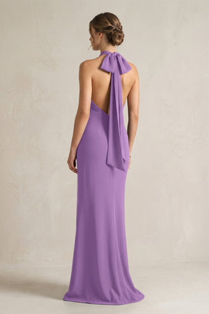 Halter Sheath Satin Bridesmaid Dress With Bow in Wisteria - KISS BRIDAL Bridesmaid Dresses