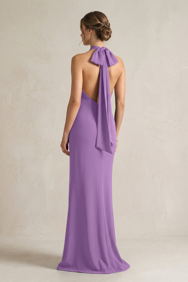 Halter Sheath Satin Bridesmaid Dress With Bow in Wisteria - KISS BRIDAL Bridesmaid Dresses
