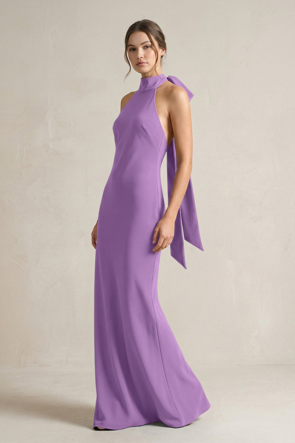 Halter Sheath Satin Bridesmaid Dress With Bow in Wisteria - KISS BRIDAL Bridesmaid Dresses