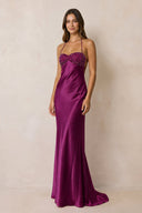 Halter Sheath Satin Maxi Dress With Sequins in Magenta - KISS BRIDAL Prom Dresses