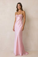 Halter Sheath Satin Maxi Dress With Sequins in Pink - KISS BRIDAL PROM DRESSES
