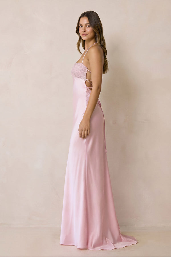 Halter Sheath Satin Maxi Dress With Sequins in Pink - SHE IS ME Prom Dresses