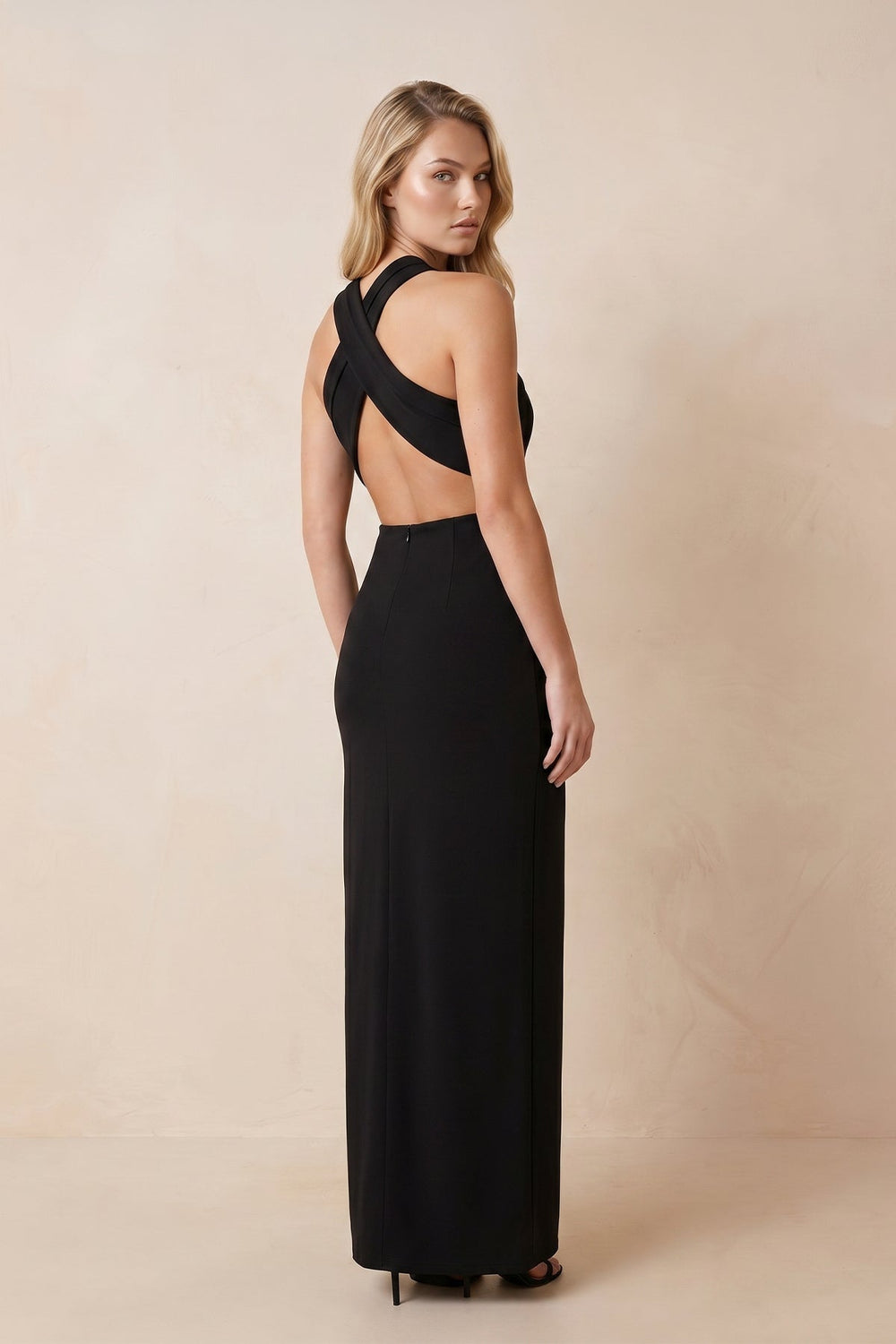 Halter Sheath Stretch Satin Maxi Dress in Black - KISS BRIDAL Dresses