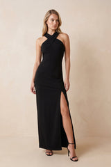 Halter Sheath Stretch Satin Maxi Dress in Black - KISS BRIDAL Dresses