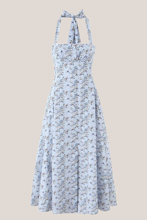 Halter Vintage Rose Printed A - Line Cotton Midi Dress in Blue - SHE IS ME Dresses