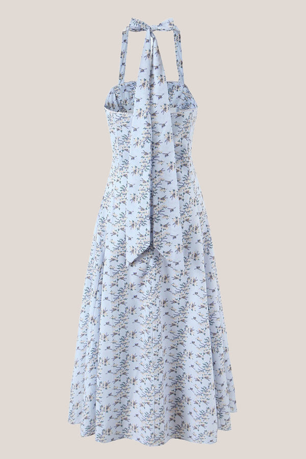 Halter Vintage Rose Printed A - Line Cotton Midi Dress in Blue - SHE IS ME Dresses