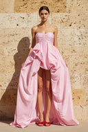 High - Low Ruched Strapless Gown in Pink - SHE IS ME