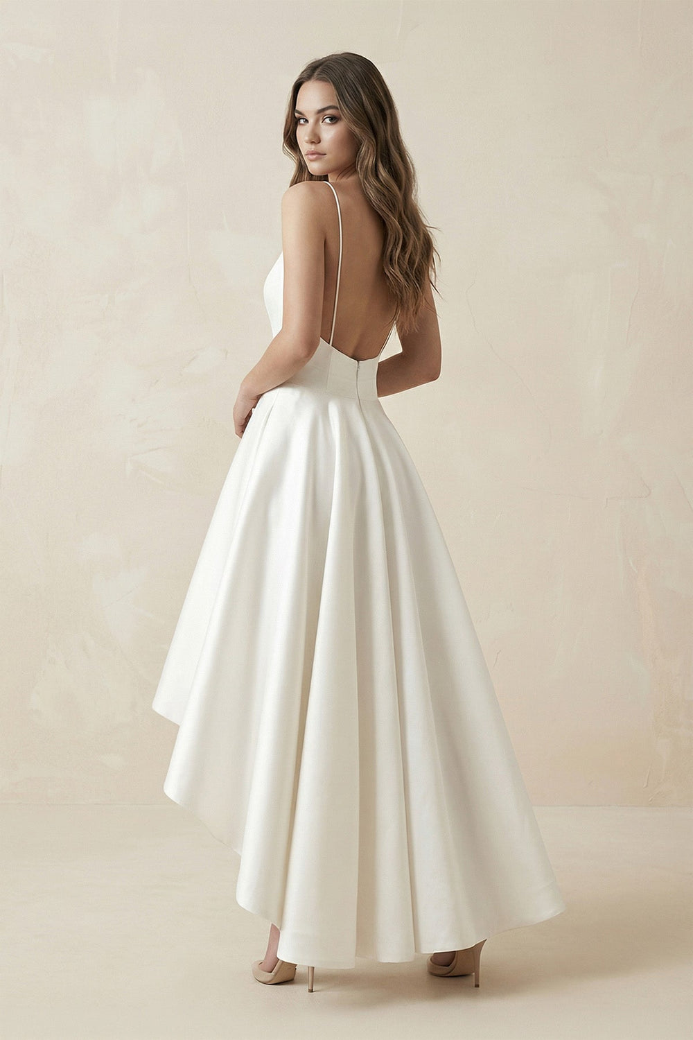 High - Low Satin V - Neck A - Line Wedding Dress in White - KISS BRIDAL Wedding Dresses