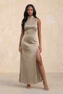 High Neck A - Line Bridesmaid Dress Wiht Slit in Almond - KISS BRIDAL Bridesmaid Dresses
