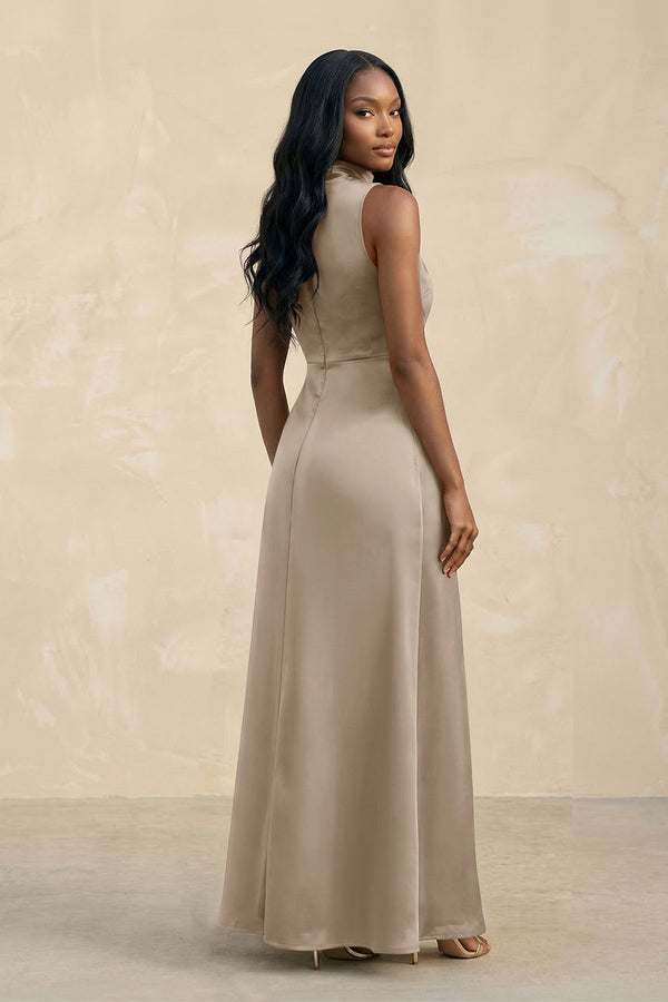 High Neck A - Line Bridesmaid Dress Wiht Slit in Almond - KISS BRIDAL Bridesmaid Dresses