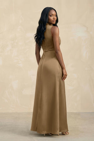 High Neck A - Line Bridesmaid Dress Wiht Slit in Apple Cinnamon - KISS BRIDAL Bridesmaid Dresses