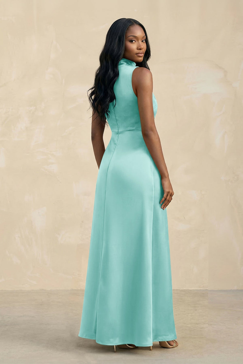 High Neck A - Line Bridesmaid Dress Wiht Slit in Aqua - KISS BRIDAL Bridesmaid Dresses
