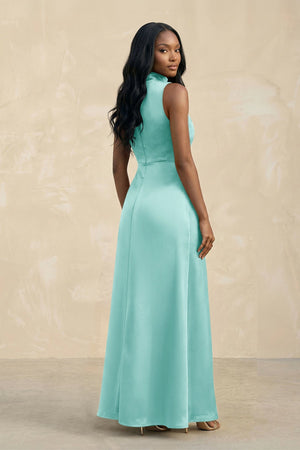 High Neck A - Line Bridesmaid Dress Wiht Slit in Aqua - KISS BRIDAL Bridesmaid Dresses