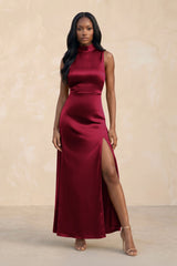 High Neck A - Line Bridesmaid Dress Wiht Slit in Berry - KISS BRIDAL Bridesmaid Dresses