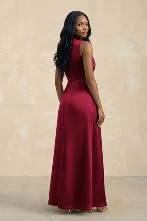 High Neck A - Line Bridesmaid Dress Wiht Slit in Berry - KISS BRIDAL Bridesmaid Dresses