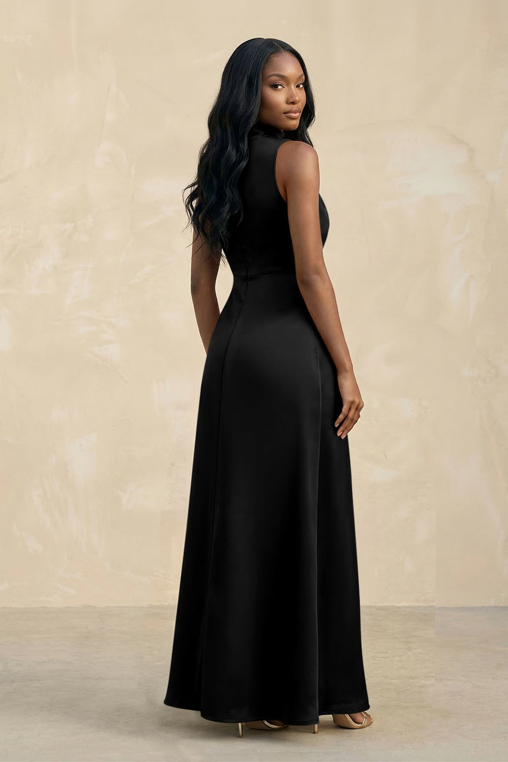 High Neck A - Line Bridesmaid Dress Wiht Slit in Black - KISS BRIDAL Bridesmaid Dresses