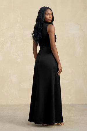 High Neck A - Line Bridesmaid Dress Wiht Slit in Black - KISS BRIDAL Bridesmaid Dresses