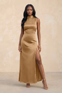 High Neck A - Line Bridesmaid Dress Wiht Slit in Bronzer - KISS BRIDAL Bridesmaid Dresses