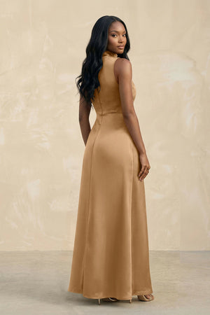 High Neck A - Line Bridesmaid Dress Wiht Slit in Bronzer - KISS BRIDAL Bridesmaid Dresses