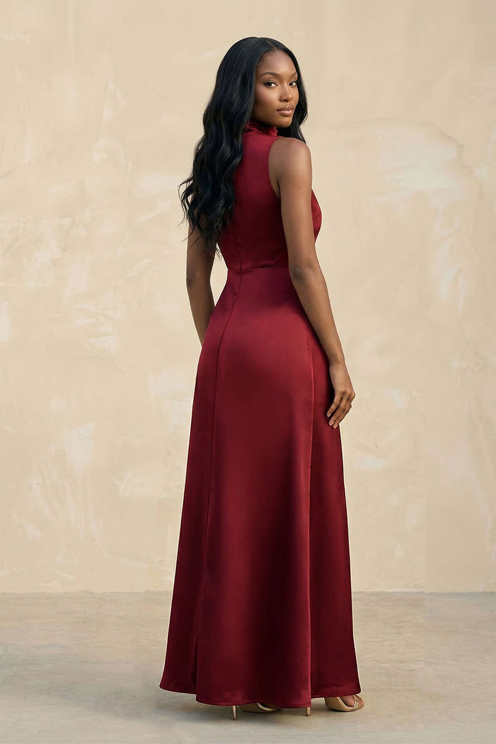 High Neck A - Line Bridesmaid Dress Wiht Slit in Burgundy - KISS BRIDAL Bridesmaid Dresses