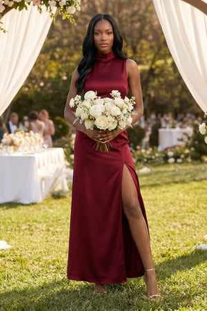 High Neck A - Line Bridesmaid Dress Wiht Slit in Burgundy - KISS BRIDAL Bridesmaid Dresses