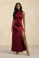 High Neck A - Line Bridesmaid Dress Wiht Slit in Burgundy - KISS BRIDAL Bridesmaid Dresses