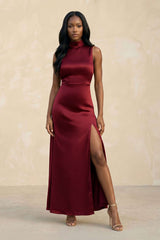 High Neck A - Line Bridesmaid Dress Wiht Slit in Burgundy - KISS BRIDAL Bridesmaid Dresses