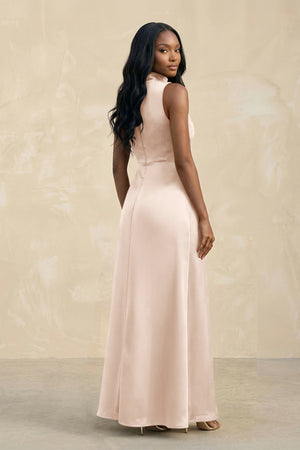 High Neck A - Line Bridesmaid Dress Wiht Slit in Buttercream - KISS BRIDAL Bridesmaid Dresses
