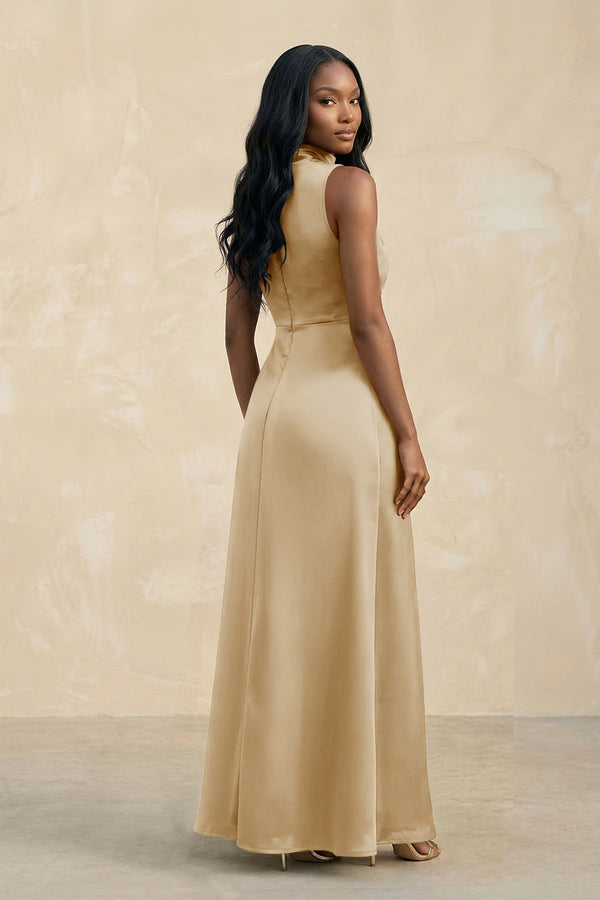 High Neck A - Line Bridesmaid Dress Wiht Slit in Champagne - KISS BRIDAL Bridesmaid Dresses