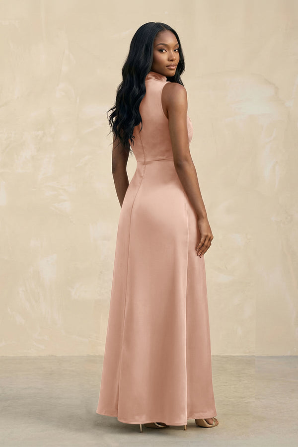 High Neck A - Line Bridesmaid Dress Wiht Slit in Champagne Rose - KISS BRIDAL Bridesmaid Dresses