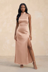 High Neck A - Line Bridesmaid Dress Wiht Slit in Champagne Rose - KISS BRIDAL Bridesmaid Dresses